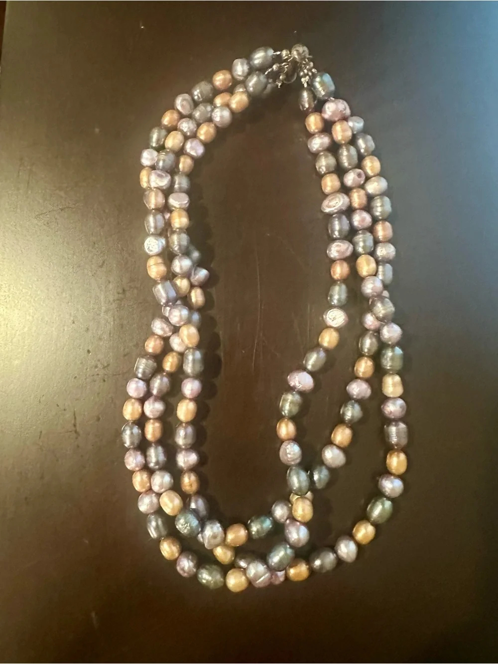 Multistrand Freshwater Pearl Necklace 16”. Golden, lavender, steel blue & gray